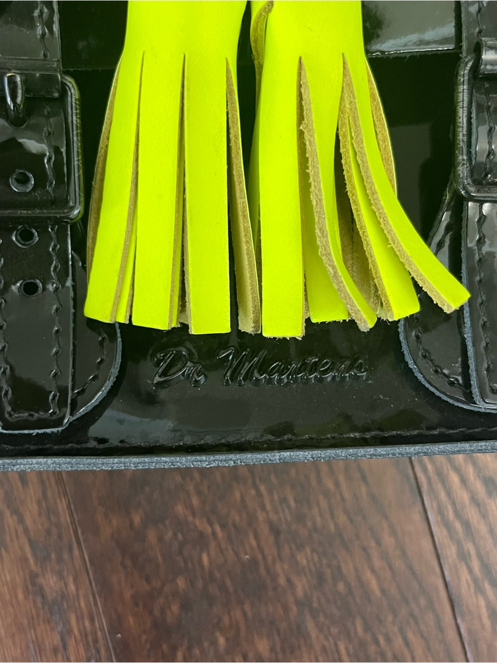 Dr Martens Black Patent Crossbody Bag with Neon Yellow Tassel - Picture 4 of 13